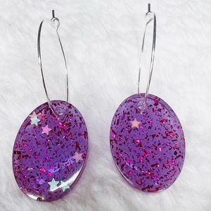 Purple Galaxy Glitter Resin Oval Pendant Hoop Earrings